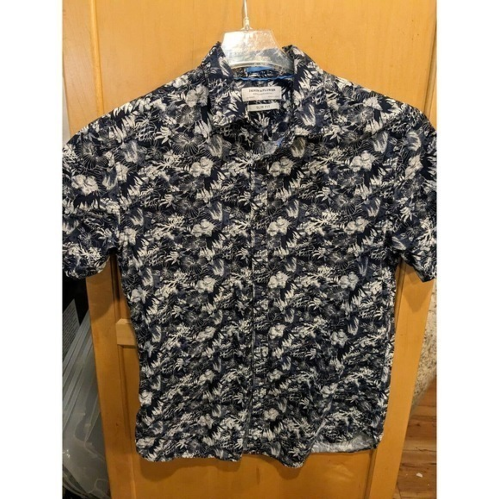 Denim & Flower Mens Button-Up Shirt black floral‎ Short Sleeve SMALL